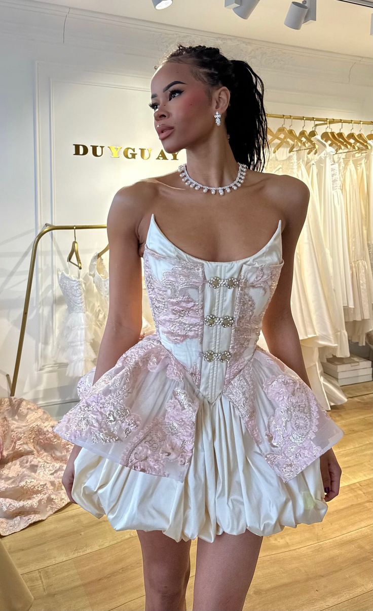 Cute Ball Gown Strapless Pink Lace Satin 12th Grad Short Mini Aesthetic Homecoming Dresses RB4398