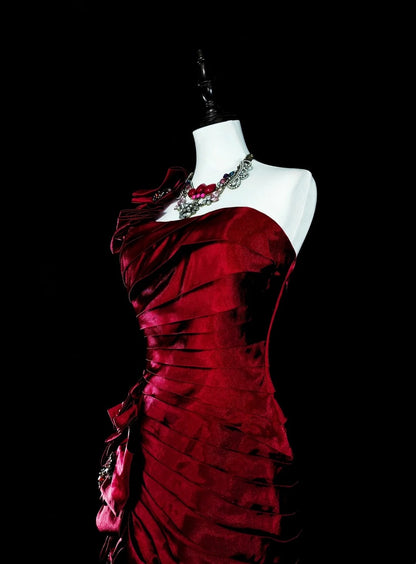 Vintage 1980s Mermaid One Shoulder Red With Pleated Ruffles Sleeveless Long Prom Formal Dresses N1602