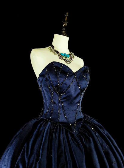 Vintage Ball Gown Sweetheart Navy Blue Tulle 80s Evening Gowns Formal Birthday Dress Long Prom Dresses N1755