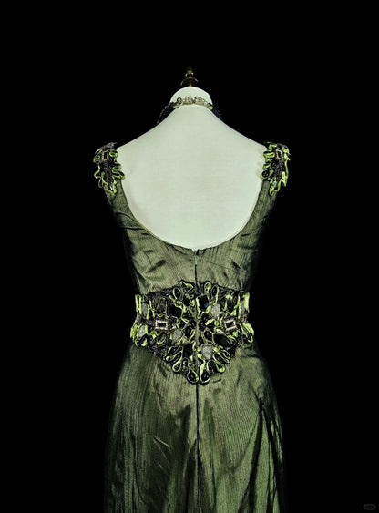 Vintage Prom Dresses Mermaid V Neck Olive Green Black Tulle With Beaded 90s Long Formal Gown N2716