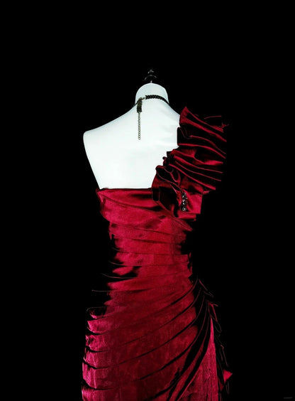 Vintage Prom Dresses Mermaid One Shoulder Dark Burgundy Satin With Beading 1990s Long Formal Gown N2710