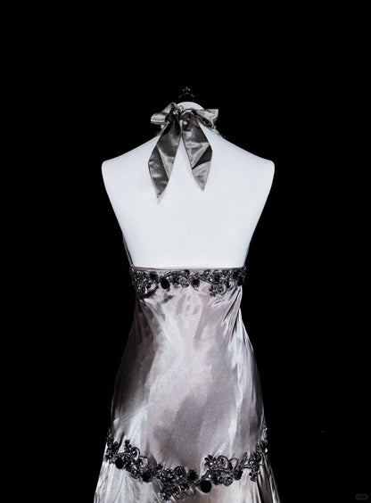 Vintage Prom Dresses Aesthetic Mermaid Halter Silver Grey Taffeta Classic Inspo Party Dress With Crystals Gem N2000
