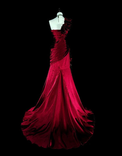 Vintage Prom Dresses Mermaid One Shoulder Dark Burgundy Satin With Beading 1990s Long Formal Gown N2710