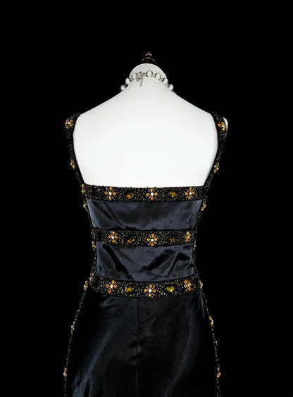 Vintage 1960s Mermaid Sweetheart Black With Straps Sleeveless Long Prom Formal Dresses N1591