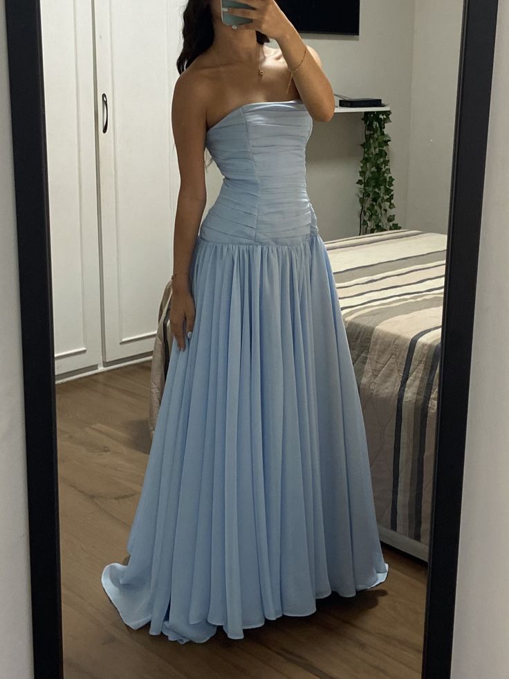 Prom Dress A Line Strapless Blue Chiffon With Drop Waist Floor Length High School Graduation Party Dress RC1006