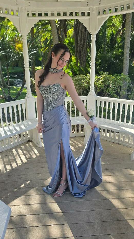 Sexy Mermaid Strapless Blue Satin With Slit Long Prom Dress Inspiration Party For Women Teens Girls Formal Gown RB8704