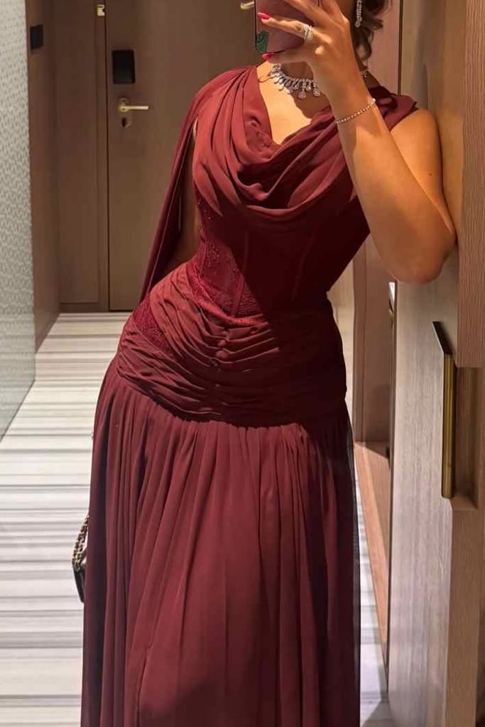 Scoop-Neck Off-Shoulder Sleeveless Pleated Chiffon Floor-Length A-Line Prom Dress N2354