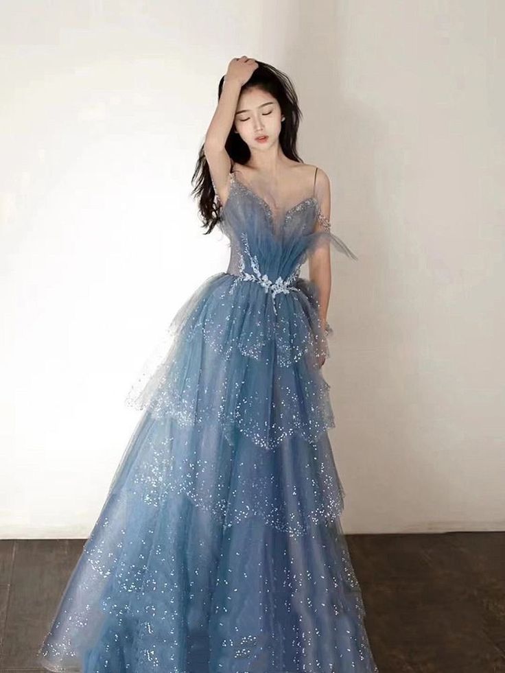 Gorgeous Blue Sparkly Tulle Beaded Prom Dress, Tiered Formal Gown with Rhinestone Party Gowns AB2197