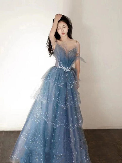 Gorgeous Blue Sparkly Tulle Beaded Prom Dress, Tiered Formal Gown with Rhinestone Party Gowns AB2197