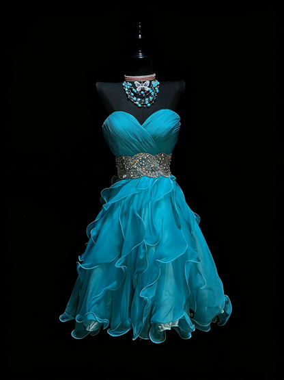 Cute Ball Gown Sweetheart Blue Tiered Short Hoco Outfits Middle School Homecoming Dresses Cocktail Gown N1194