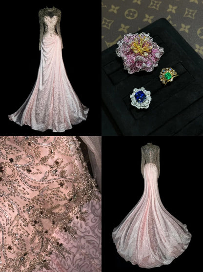 Luxurious Mermaid High Neck Lace Pink With Long Sleeves School Dances Prom Dresses 8th Grade Formal Outfits Evening Gown RB8428