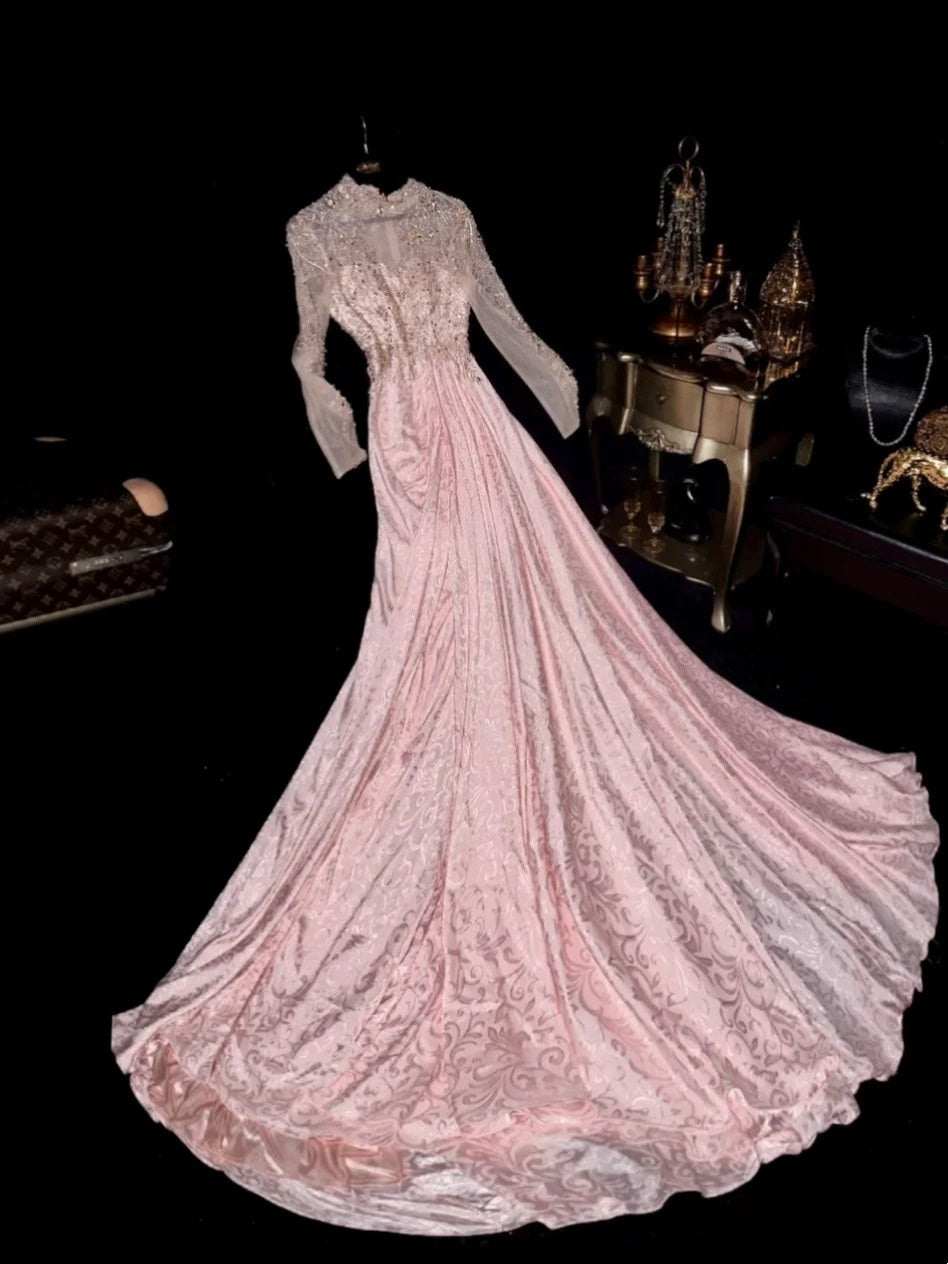 Luxurious Mermaid High Neck Lace Pink With Long Sleeves School Dances Prom Dresses 8th Grade Formal Outfits Evening Gown RB8428