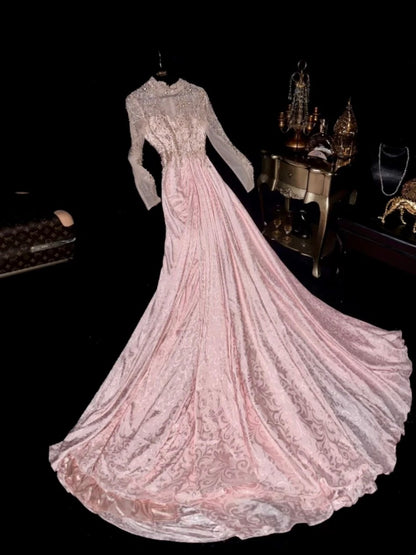 Luxurious Mermaid High Neck Lace Pink With Long Sleeves School Dances Prom Dresses 8th Grade Formal Outfits Evening Gown RB8428