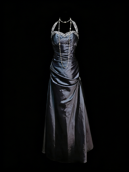 Vintage Prom Dresses Aesthetic 1960s Retro V Neck Halter Grey Satin Mermaid Long Party Dress N2138