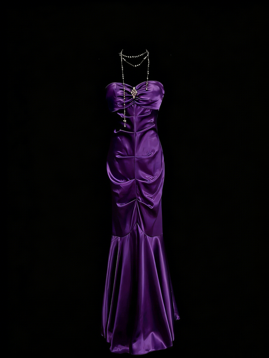 Vintage Mermaid Sweetheart Grape Satin Sleeveless 80s Prom Dresses Long Formal Party Gown N1450