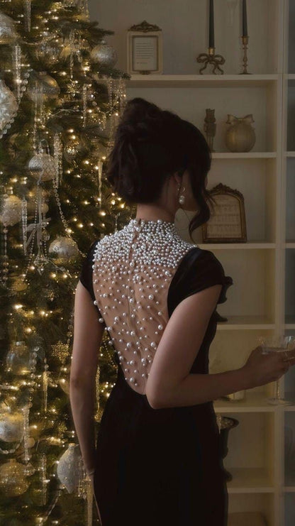 Black Velvet Evening Dress With Pearl Embellishments Party Dress Birthday Prom Dress AB1634