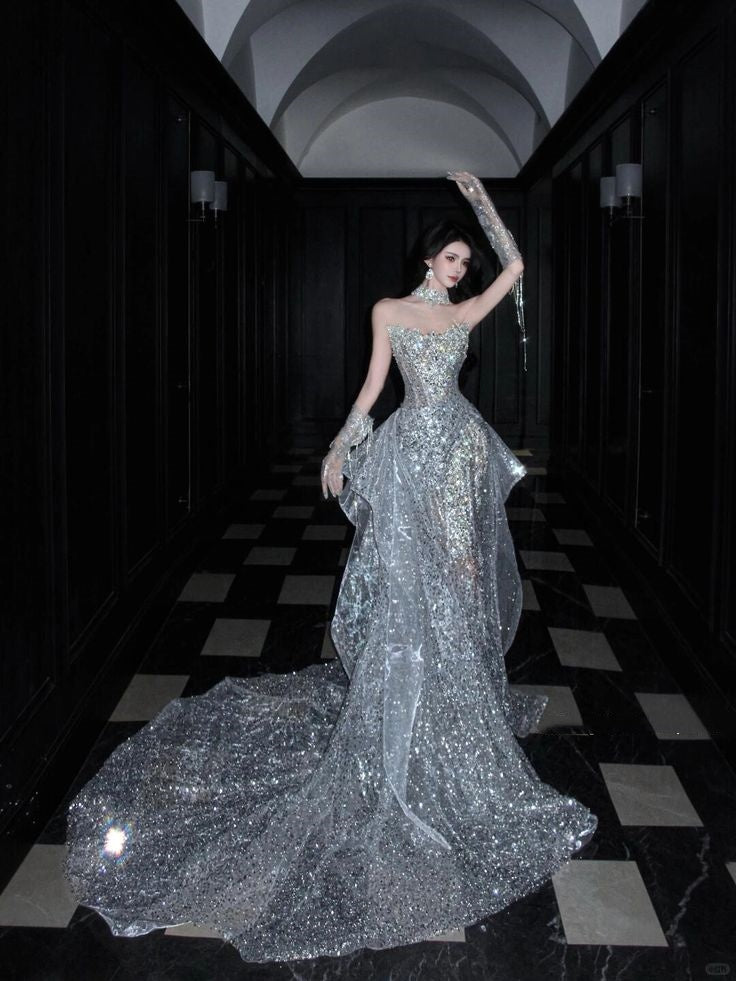 Sexy Mermaid Strapless Silver Sequin Long Prom Dresses Inspiration Party Dress Prom Gown AB086