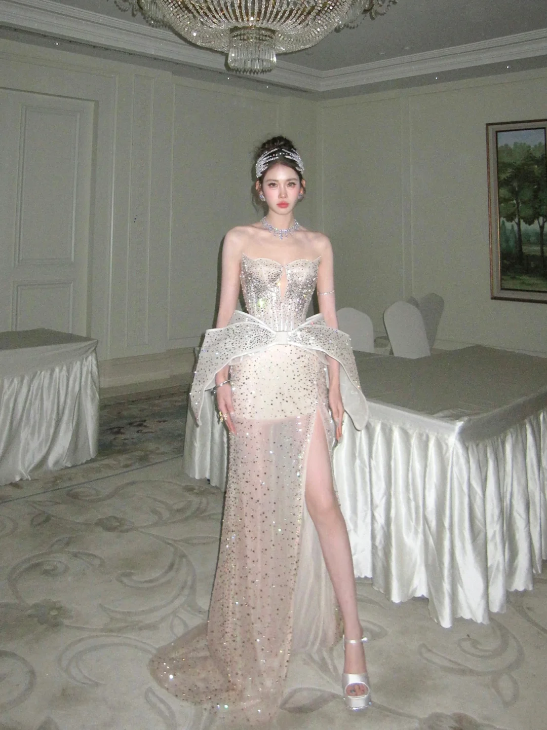 Sparkly Mermaid Sweetheart Champagne Slit Prom Dress Aesthetic Long Graduation Evening Outfits N079