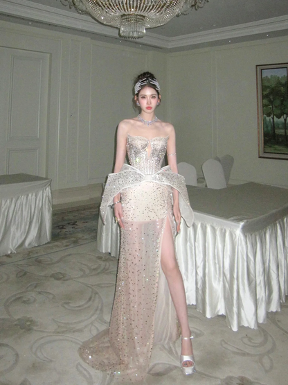 Sparkly Mermaid Sweetheart Champagne Slit Prom Dress Aesthetic Long Graduation Evening Outfits N079