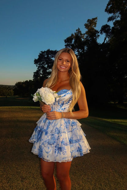 Lovely Ball Gown Sweetheart Blue Floral Short Party Dresses Homecoming Dress Cocktail Dress RB8348