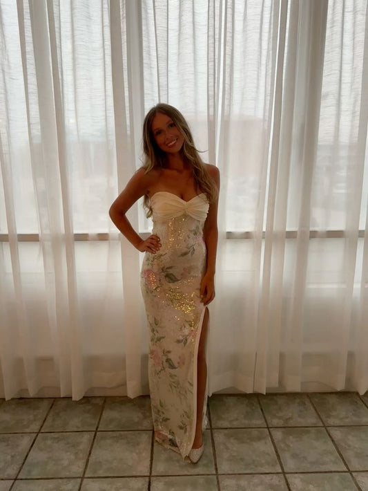 Charming Mermaid Sweetheart With Slit Floral Sequin Inspiration Sleeveless Long Wedding Guest Dress Birthday Outfits N1538