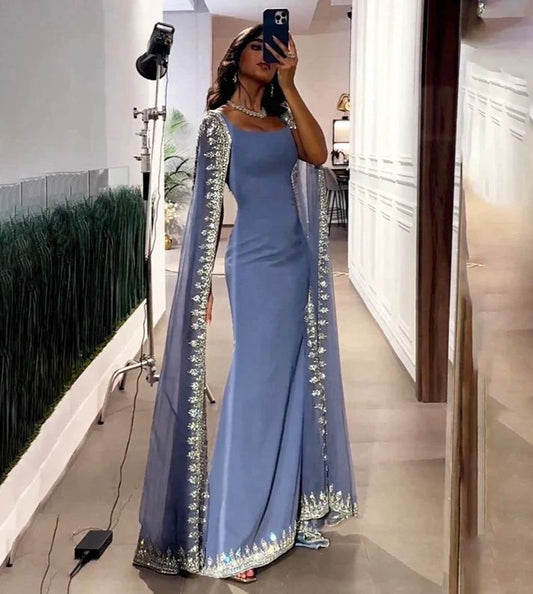 Vintage Dusty Blue Mermaid Evening Dress Applique Beaded Prom Dress Unique Cape Design Long Party Dress Birthday Outfits AB2313