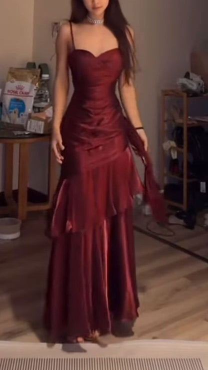 Fashion Burgundy Ruffle Long Prom Dresses Spaghetti Straps Dance Dress AB1613