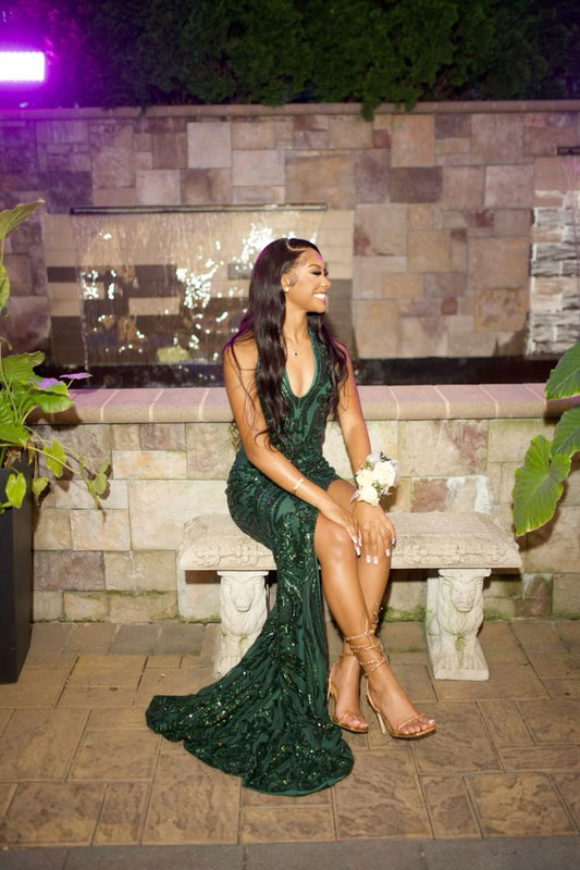 Beautiful Mermaid V Neck Dark Emerald Green Sequin Slit Long Prom Dresses Inspiration Prom Gown AB2132