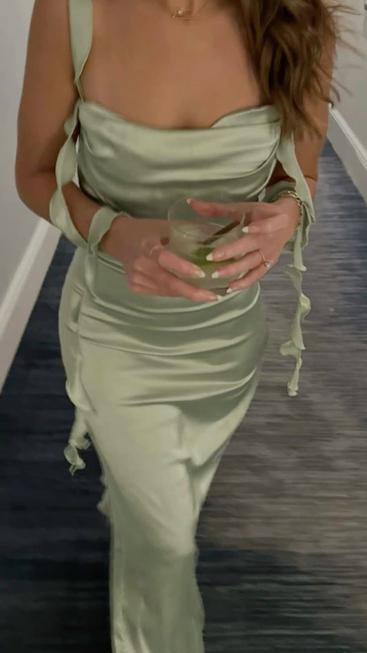 Charming Mermaid Square Neck Sage Green Satin Inspiration Sleeveless Long Wedding Guest Dress Birthday Outfits N1540