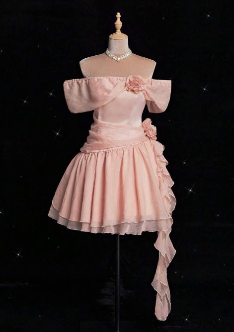 Eye-catching A line Off The Shoulder Blush Pink Chiffon With Flowers Semi-formal 12th Grad Short Inspo Homecoming Dresses RB4527