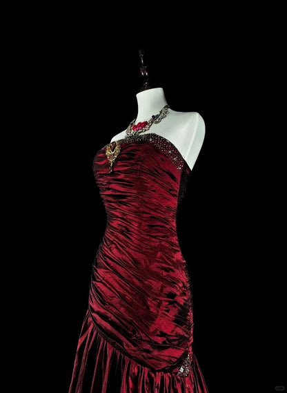 Vintage Prom Dresses Mermaid Strapless Dark Burgundy Satin With Beading 1980s Long Formal Gown N2708