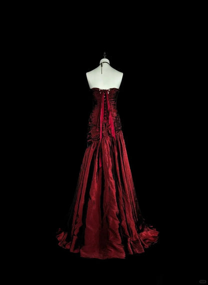 Vintage Prom Dresses Mermaid Strapless Dark Burgundy Satin With Beading 1980s Long Formal Gown N2708