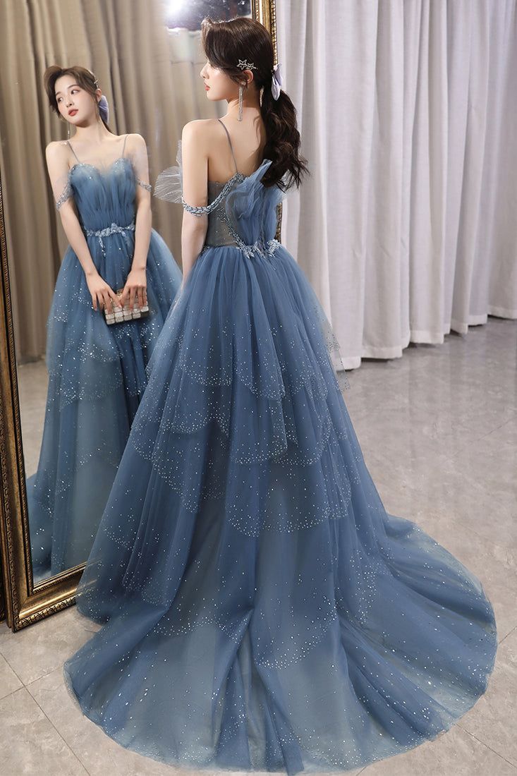 Gorgeous Blue Sparkly Tulle Beaded Prom Dress, Tiered Formal Gown with Rhinestone Party Gowns AB2197