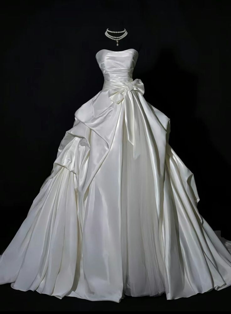 Romantic Women's Ball Gown Strapless 80s With Bow-knot Pleated White Satin Sweep Train Wedding Dresses AB1485