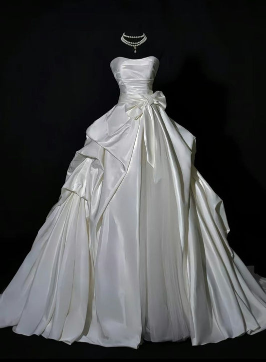 Romantic Women's Ball Gown Strapless 80s With Bow-knot Pleated White Satin Sweep Train Wedding Dresses AB1485