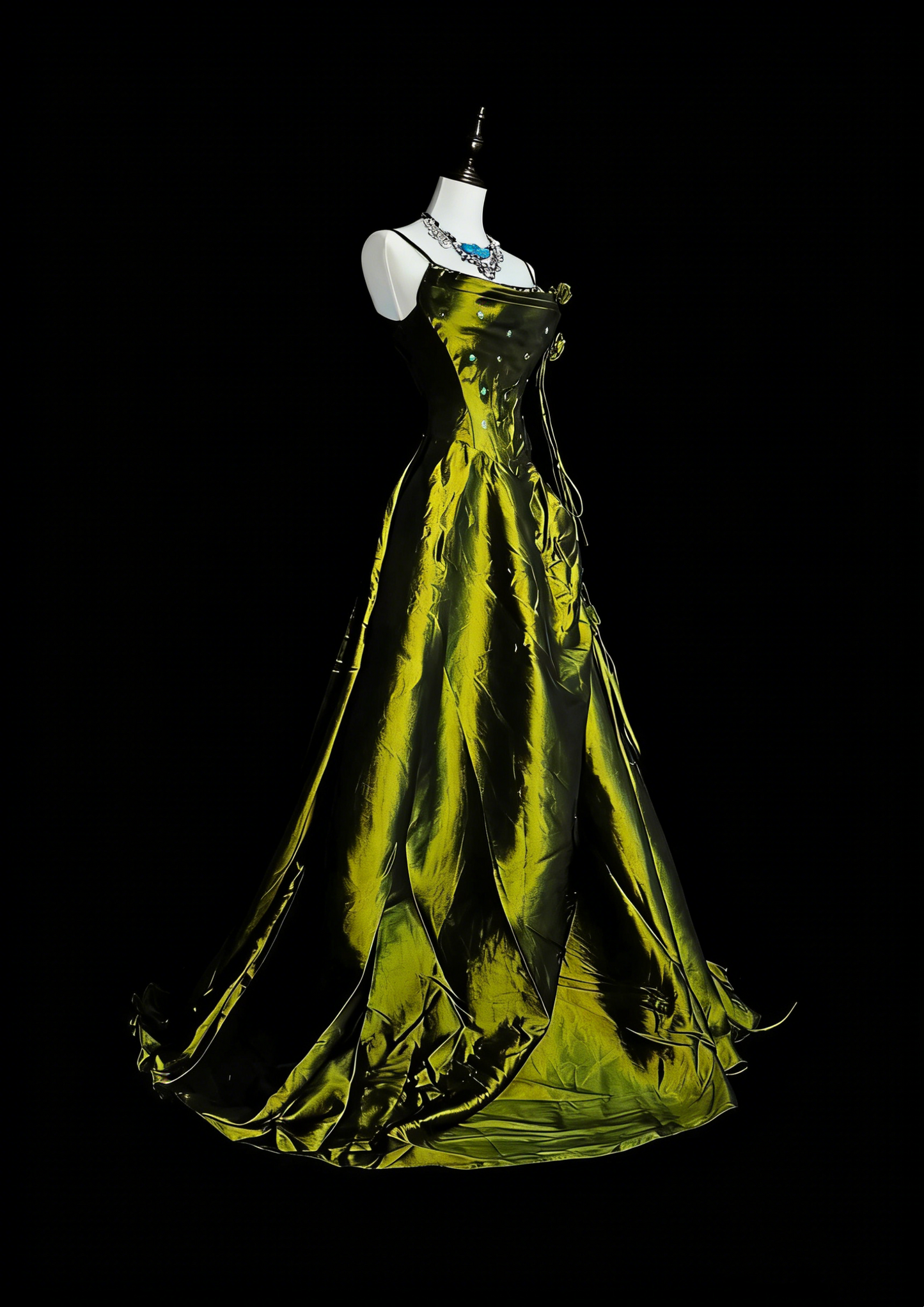 Vintage Ball Gown Spaghetti Straps Olive Green With Beadings Sleeveless 80s Prom Dresses Long Formal Party Gown N1477