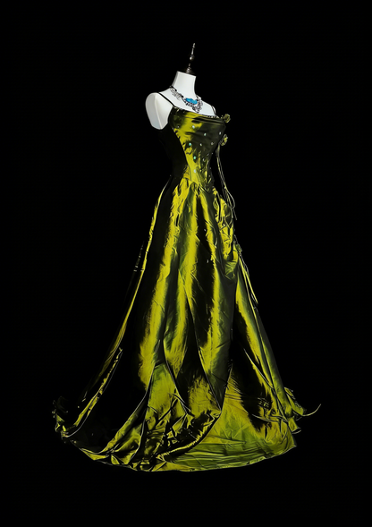 Vintage Ball Gown Spaghetti Straps Olive Green With Beadings Sleeveless 80s Prom Dresses Long Formal Party Gown N1477