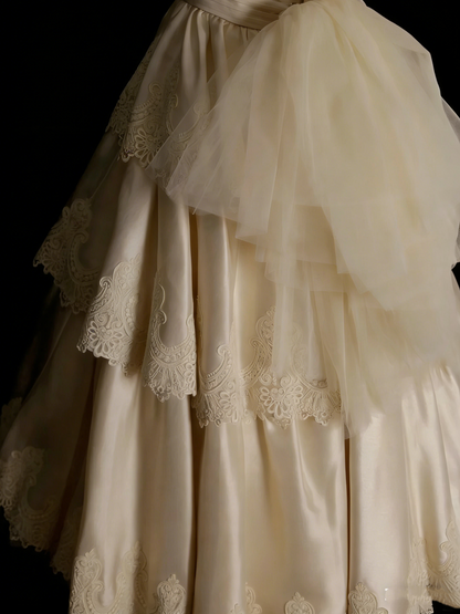 Vintage 70s Ball Gown Strapless Champagne With Appliques Lace Wedding Dress Fairytale Bridal Dresses N1318