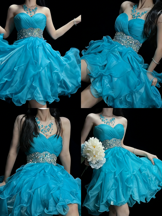Cute Ball Gown Sweetheart Blue Tiered Short Hoco Outfits Middle School Homecoming Dresses Cocktail Gown N1194