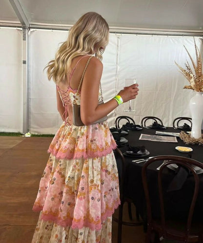 Elegant A Line Spaghetti Straps Floral Print Ruffles Long Prom Dress Party Gowns AB486