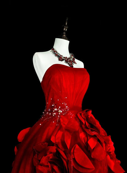 Vintage Prom Dresses Ball Gown Strapless Red Tulle With 3D Flowers Bodice Long Party Dress N2378