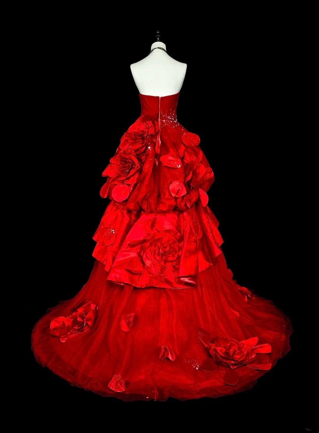 Vintage Prom Dresses Ball Gown Strapless Red Tulle With 3D Flowers Bodice Long Party Dress N2378