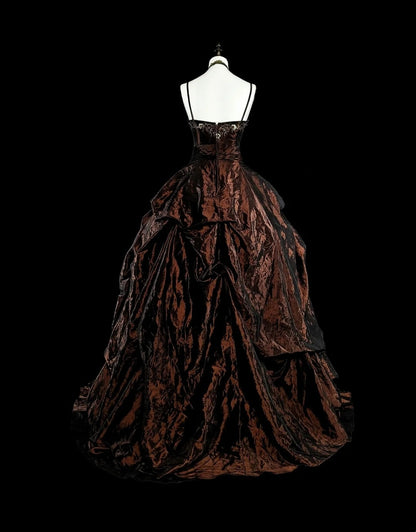 Vintage Prom Dresses Ball Gown Spaghetti Strap Satin With Beads Folds Long Formal Dress N2389