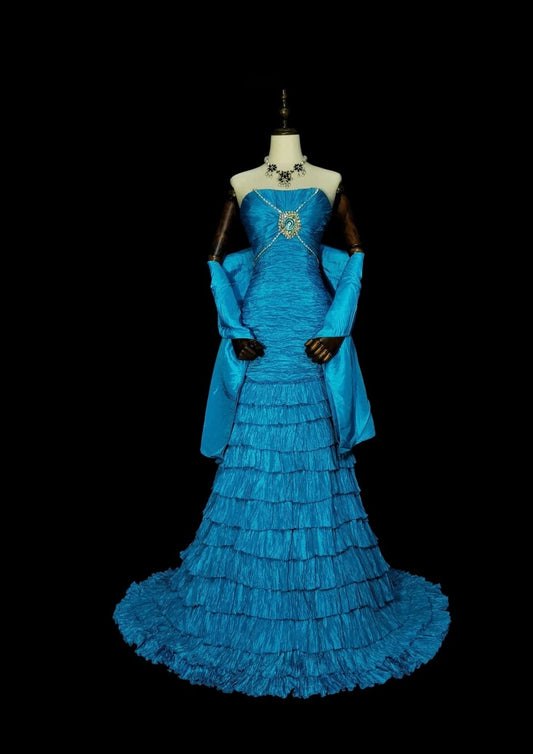 Vintage Mermaid Strapless Blue With Tiered Layers Sleeveless 80s Prom Dresses Long Formal Party Gown N1484