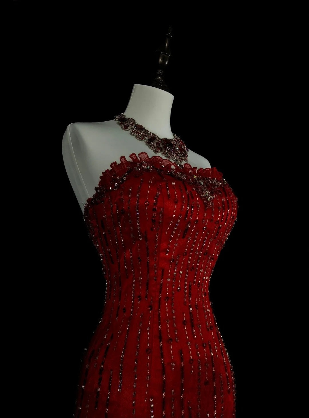 Vintage Mermaid Strapless Red 2000s With Silver Beads Prom Dresses Long Formal Party Gown N1356