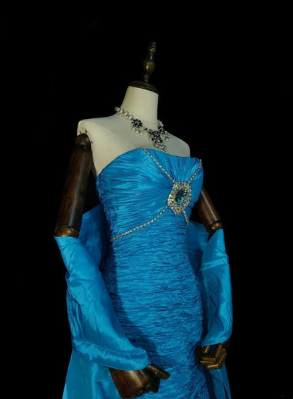 Vintage Mermaid Strapless Blue With Tiered Layers Sleeveless 80s Prom Dresses Long Formal Party Gown N1484