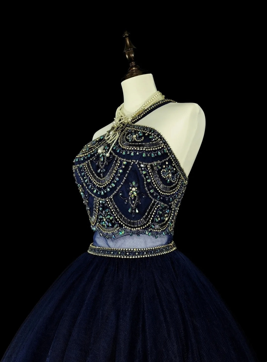 Vintage Ball Gown High Neck Navy Blue Tulle With Beadings Sleeveless 70s Prom Dresses Long Formal Party Gown N1485
