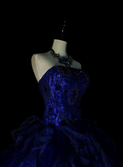 Vintage Ball Gown Strapless Royal Blue Tulle Lace Sweet 16 Dresses Quinceanera Dress Long 15 Vestidos De Fiesta N1482