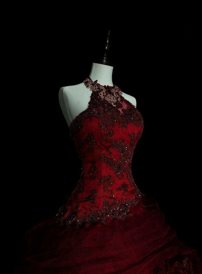 Vintage Ball Gown Halter Burgundy Tulle Sweet 16 Dresses Quinceanera Dress Long 15 Vestidos De Fiesta N1480