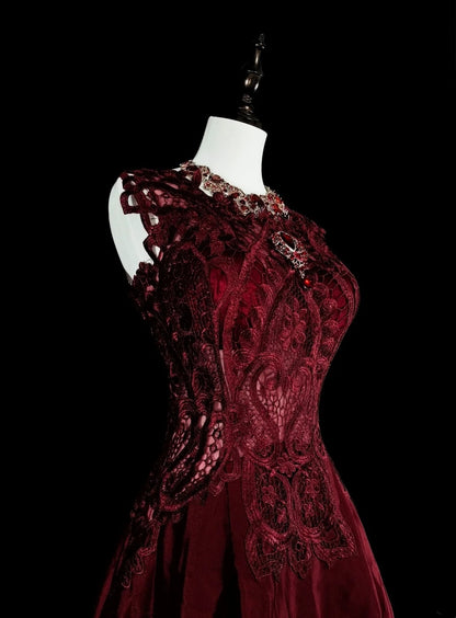 Retro A line Scoop Burgundy Lace Sleeveless 70s Prom Dresses Long Formal Party Gowns N1486